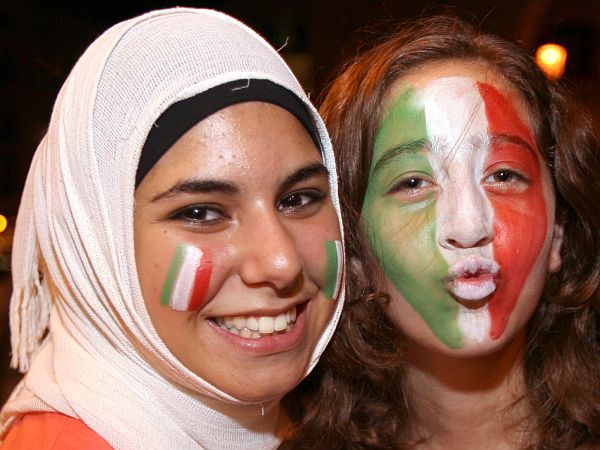 Lebanese fans of the Italy's soccer team celebrate after 2006 World Cup soccer match between Italy and France in downtown Beirut